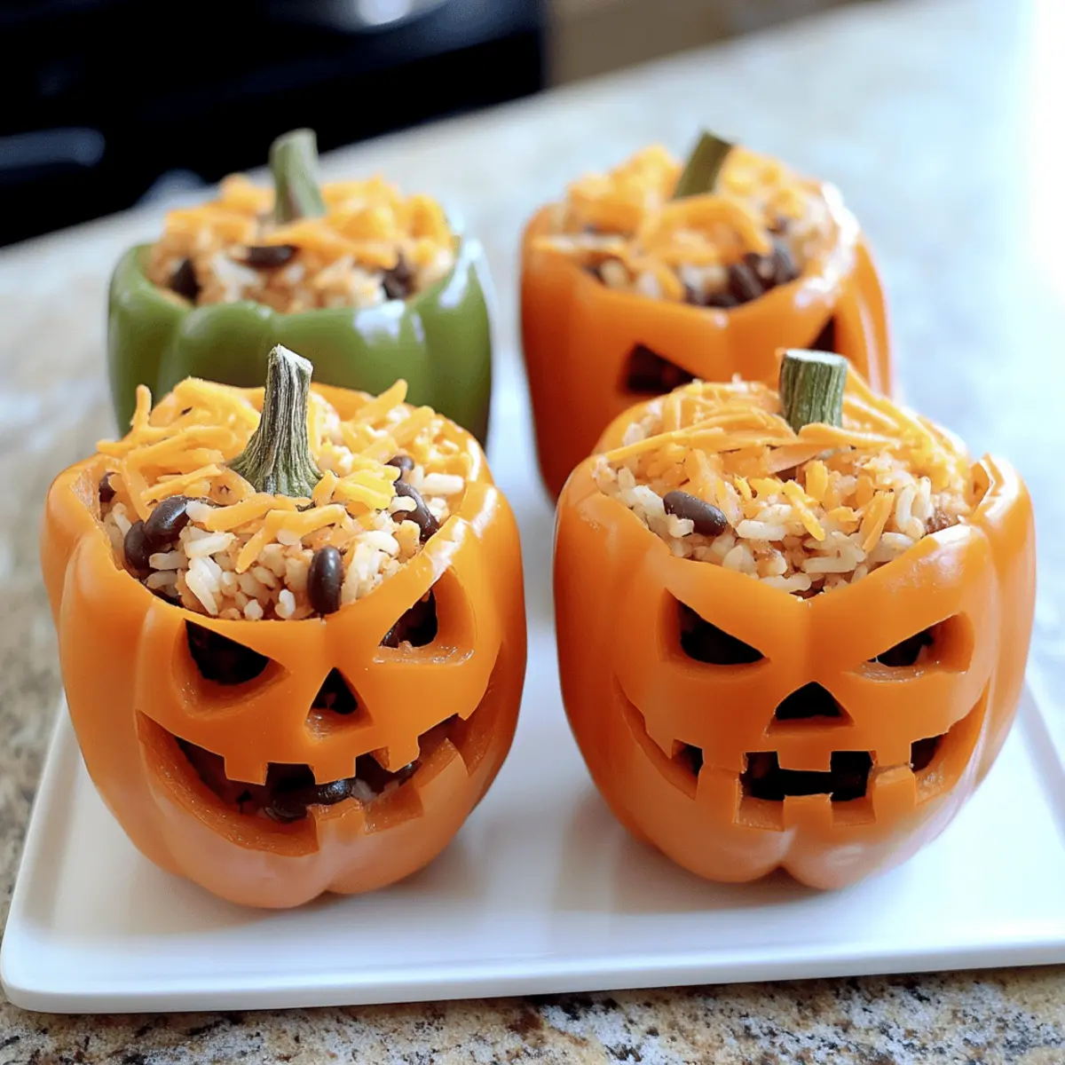 SHREDDED CHICKEN & RICE STUFFED PEPPERS (HALLOWEEN STYLE)