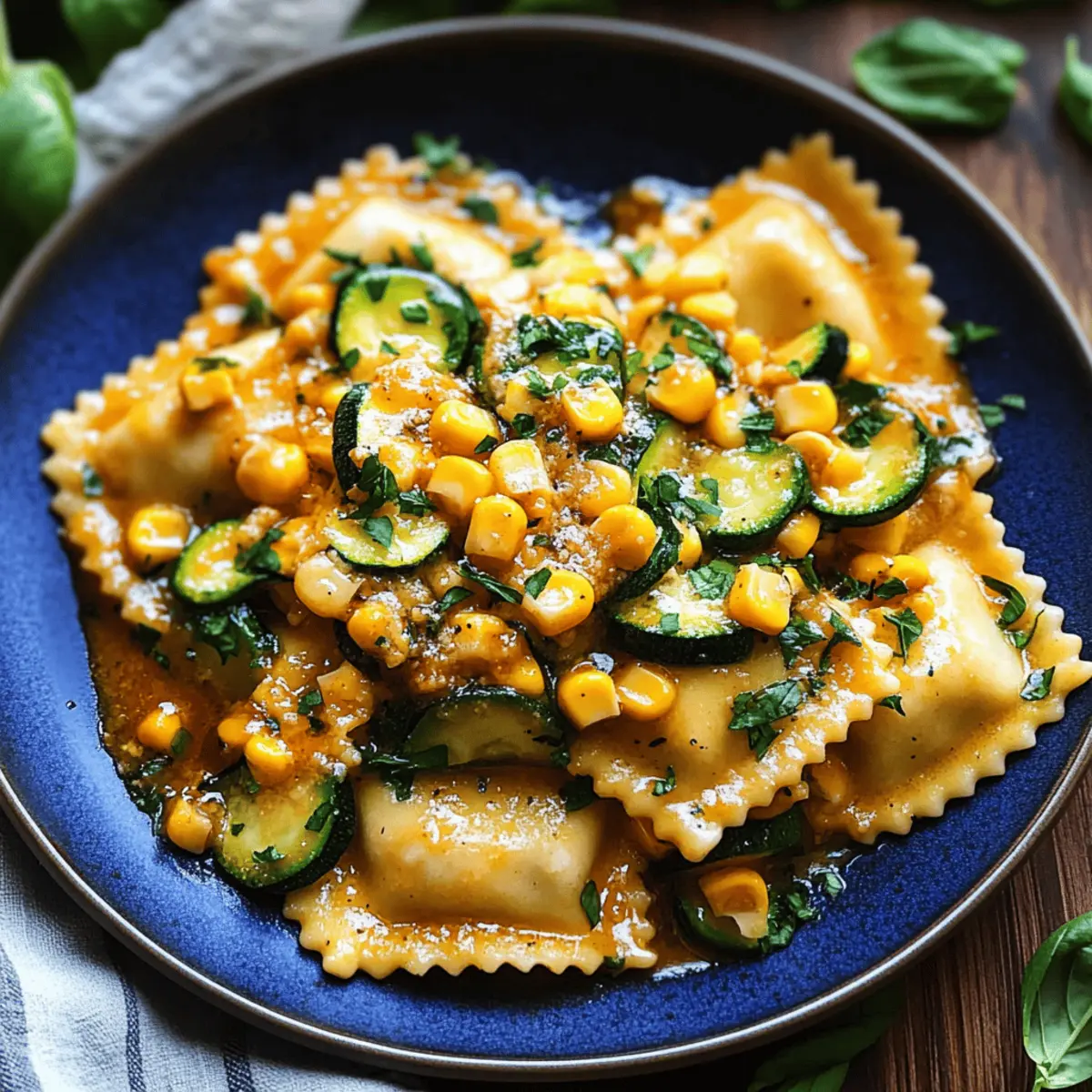 Ravioli with Corn, Zucchini, and Garlic Butter Sauce