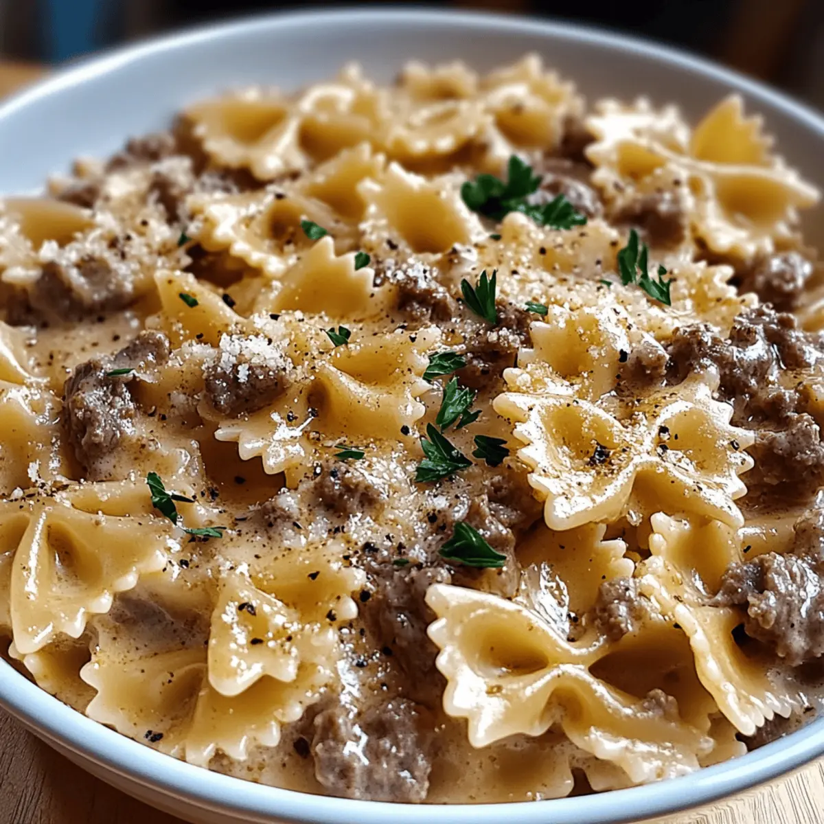Creamy Parmesan Garlic Beef Bowtie Pasta
