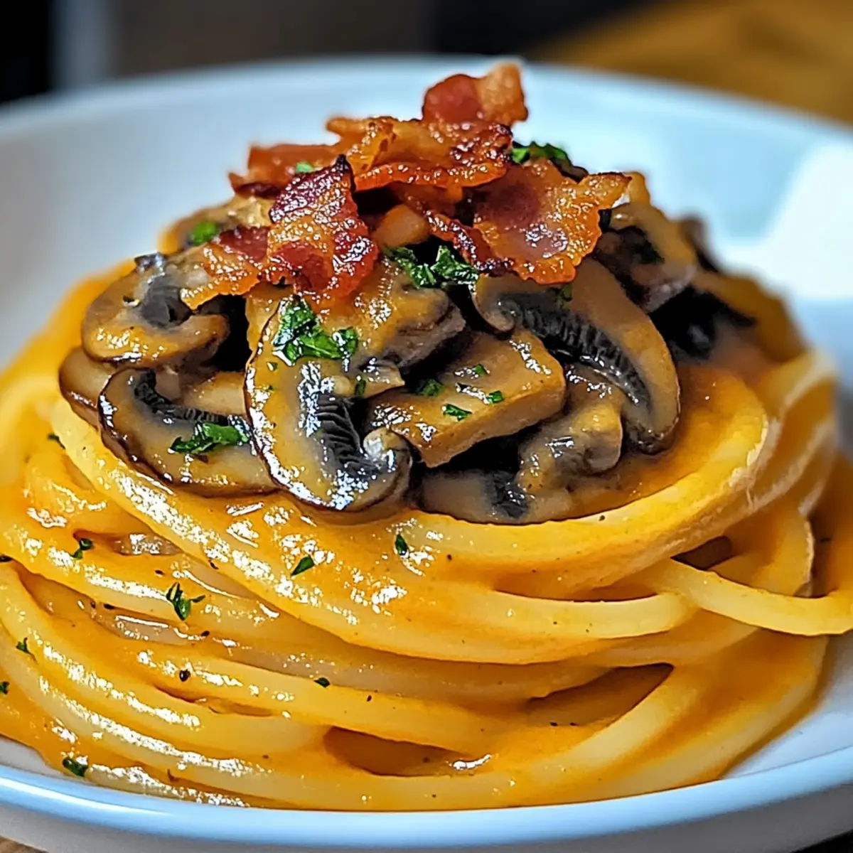 Pumpkin & Mushroom Spaghetti with Crispy Bacon