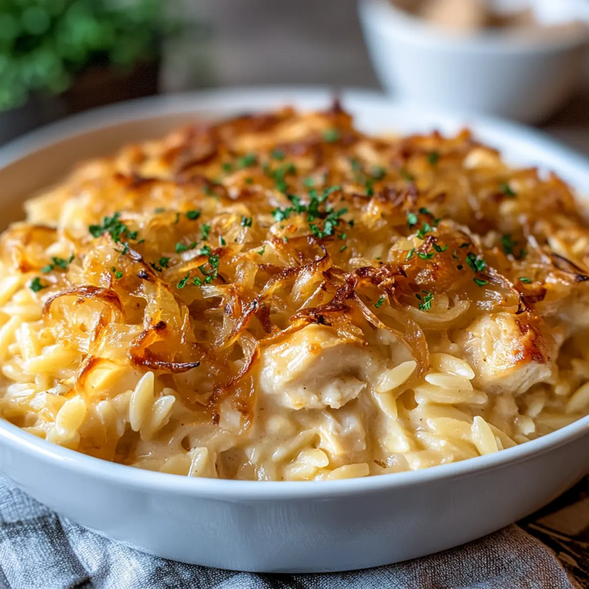 French Onion Chicken Orzo Casserole