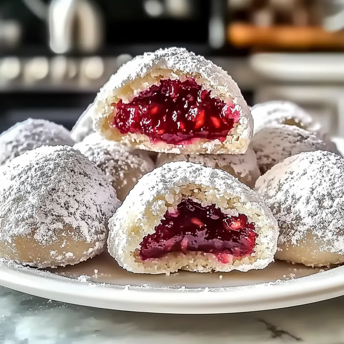 Raspberry-Filled Almond Snowball Cookies