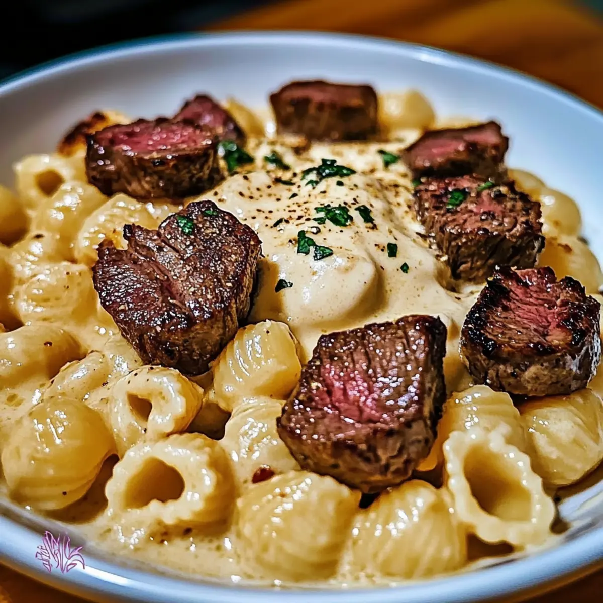 Steak Bites and Shell Pasta in Garlic Butter Alfredo Sauce