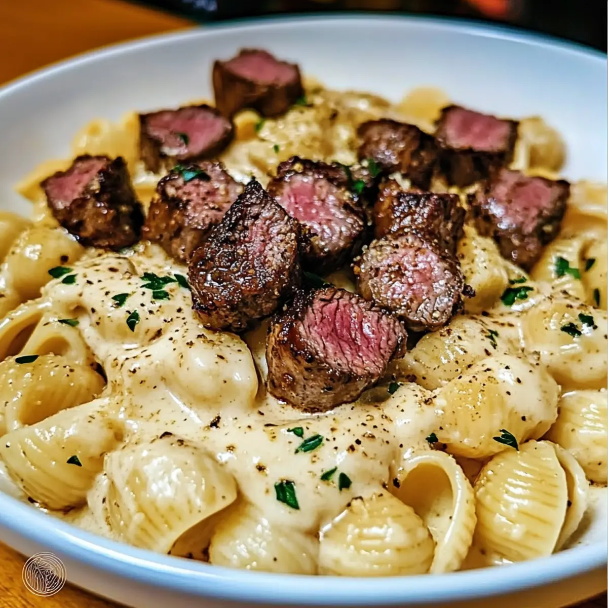 Steak Bites and Shell Pasta in Garlic Butter Alfredo Sauce