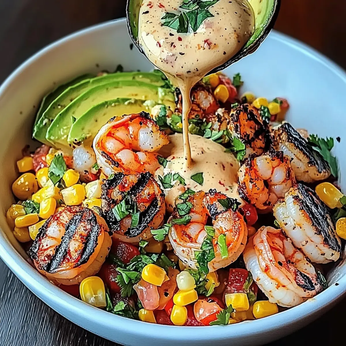 Grilled Shrimp Bowl with Avocado, Corn Salsa & Creamy Garlic Sauce