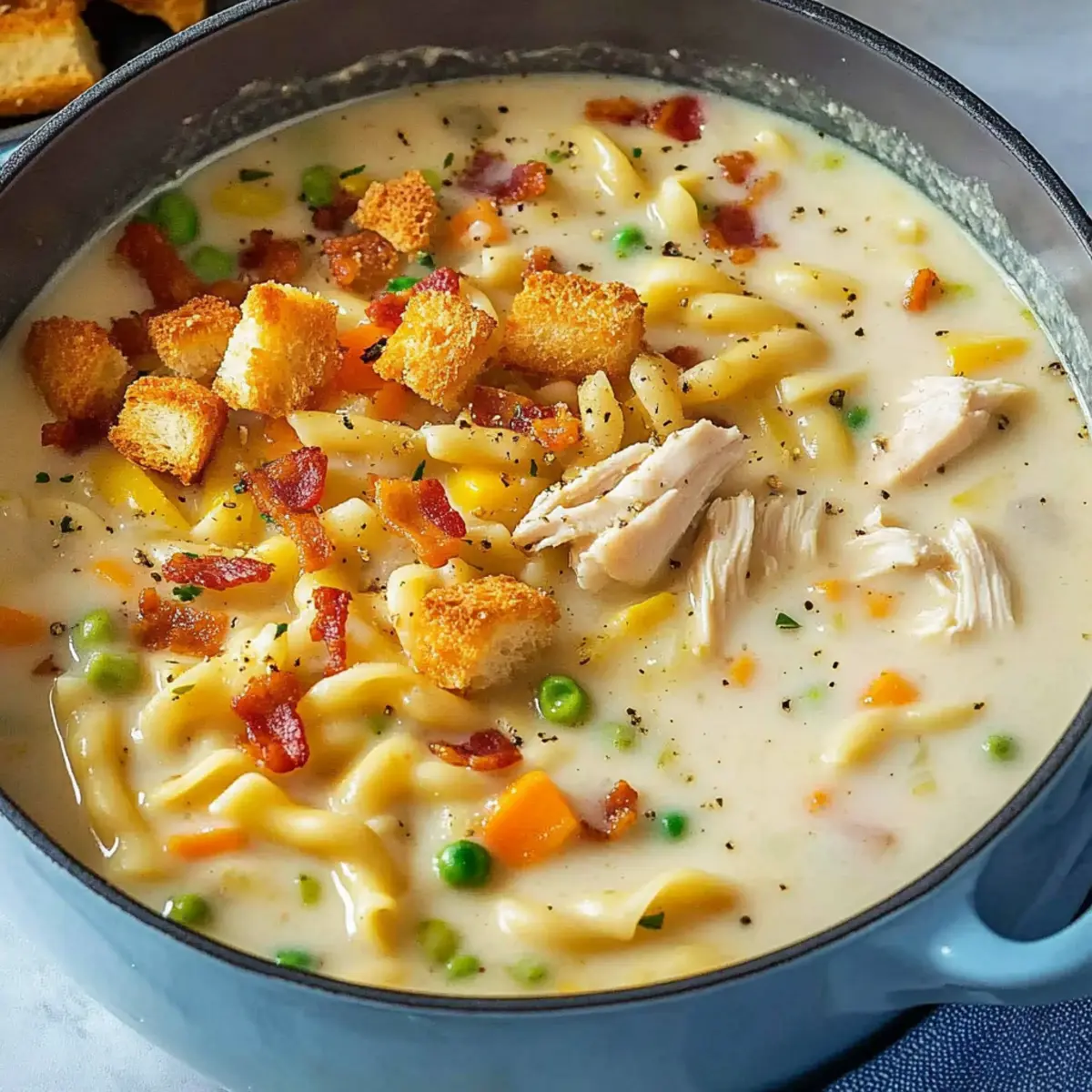Creamy chicken noodle soup with mini croutons