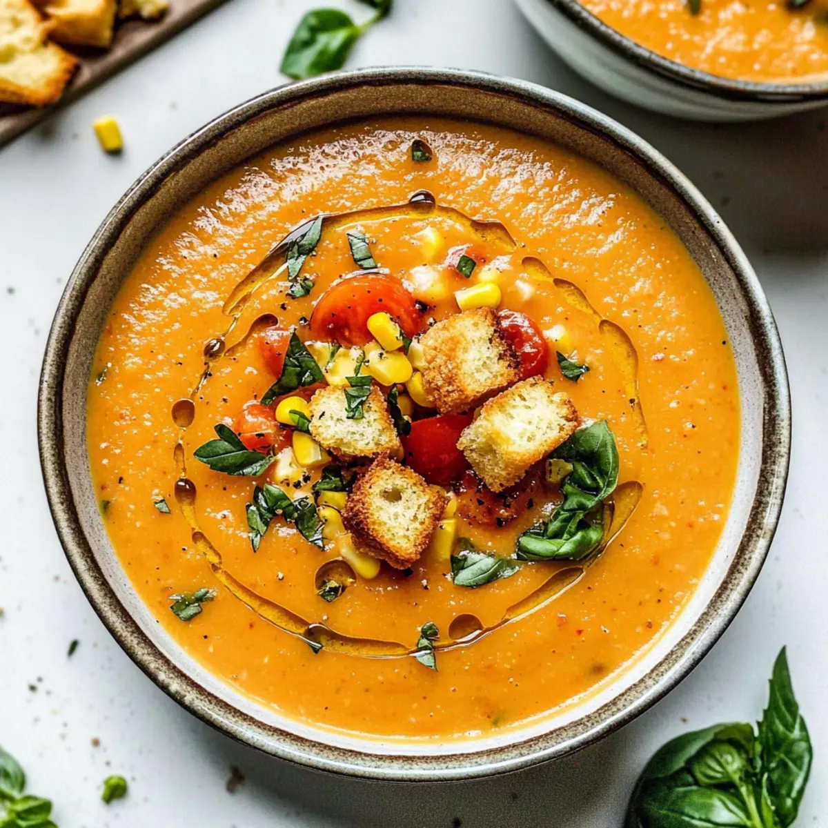 Peach & Corn Gazpacho with Cornbread Croutons