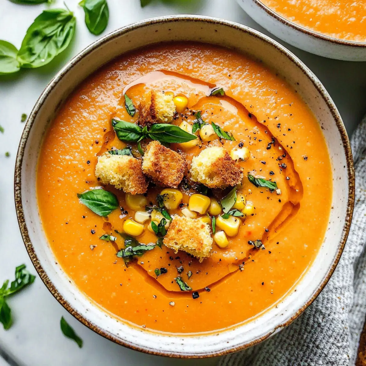 Peach & Corn Gazpacho with Cornbread Croutons
